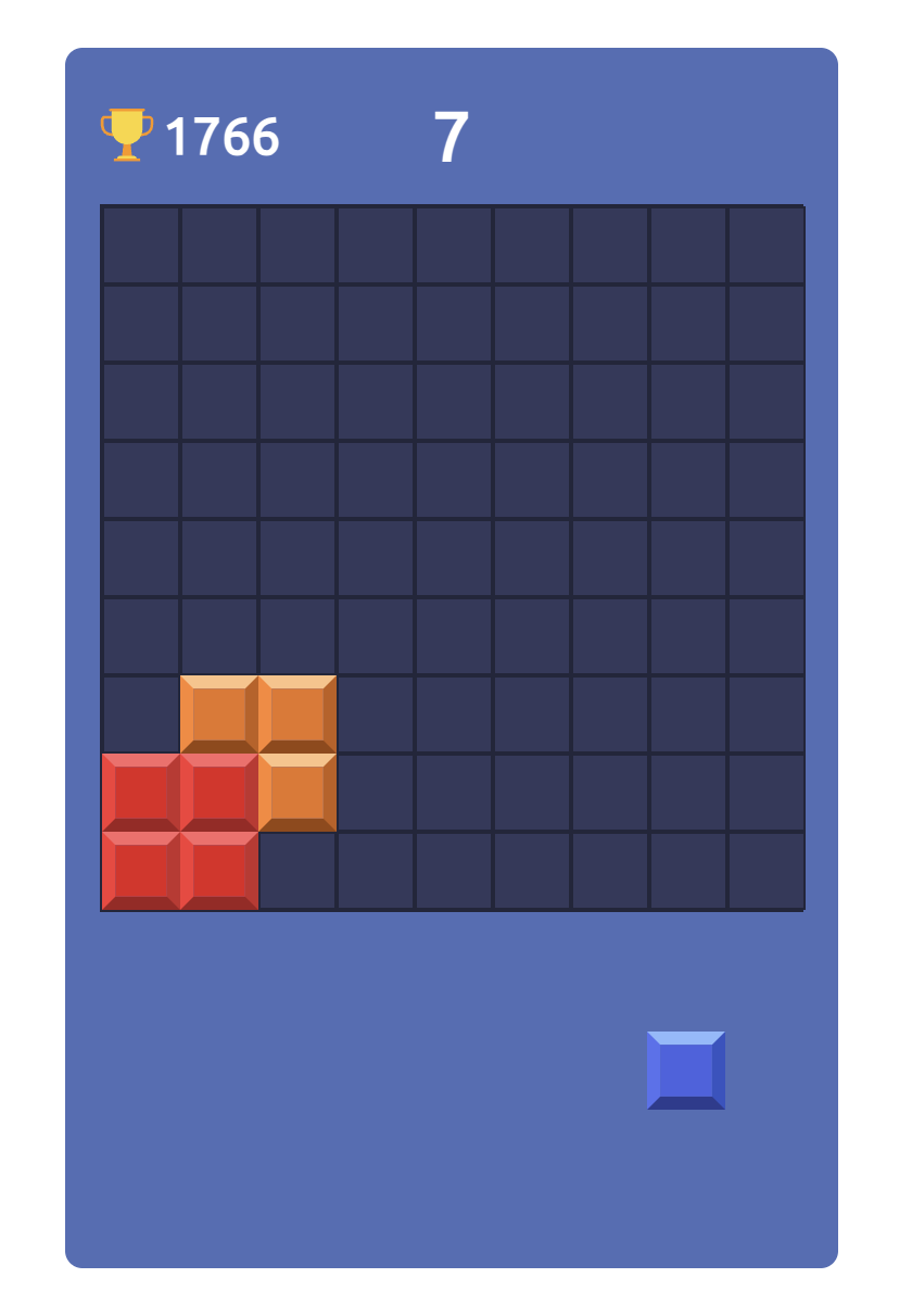 How to Place Blocks in Block Blast Block Blast gameplay showing red and orange blocks on the puzzle grid and a blue block ready to be placed.