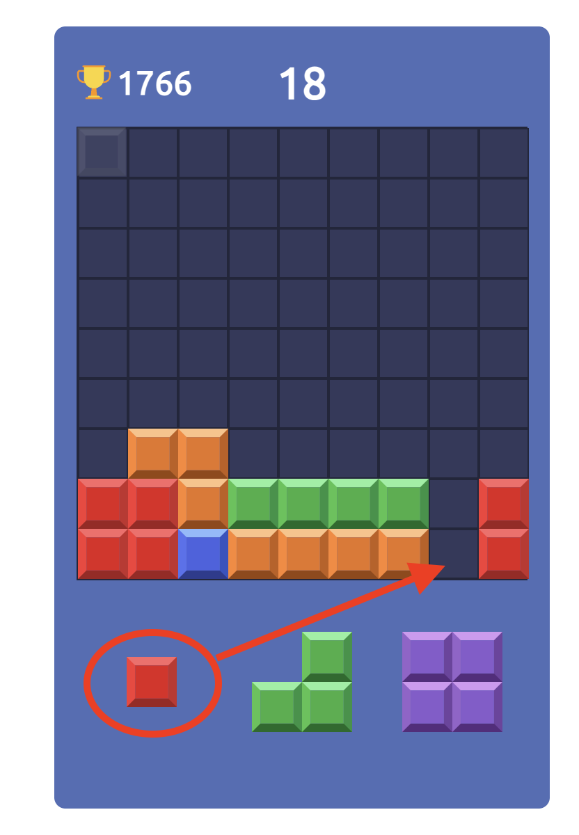 How to Clear a Row in Block Blast Block Blast gameplay showing how to complete a full row by placing a single red block into the remaining gap.