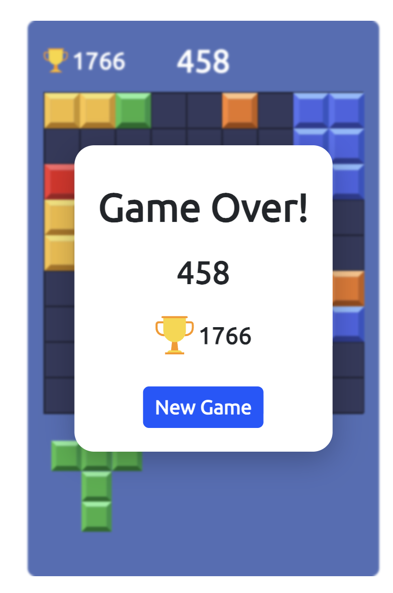 Block Blast Game Over Screen Block Blast Game Over screen showing a final score of 458, a high score of 1766, and a New Game button.