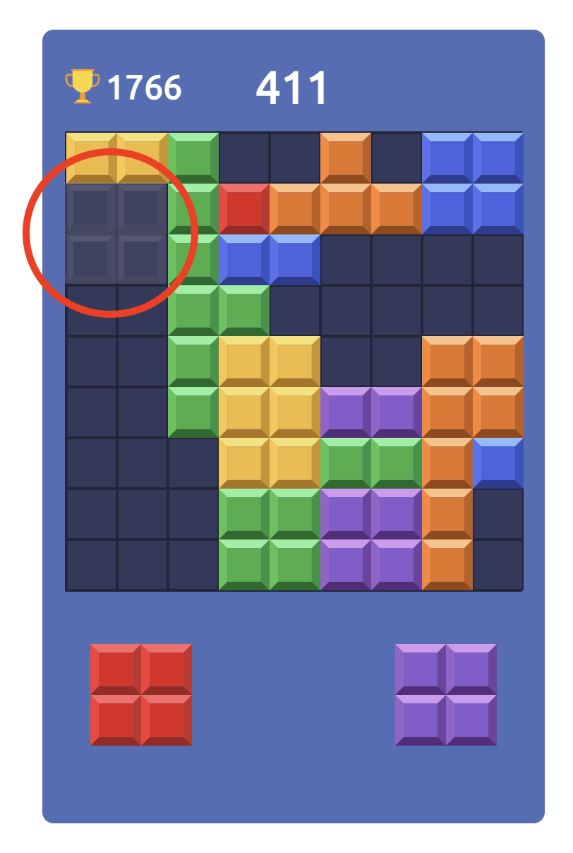 Finding the Best Block Placement in Block Blast Block Blast gameplay showing a highlighted 2×2 empty space on the puzzle grid for placing a square block.
