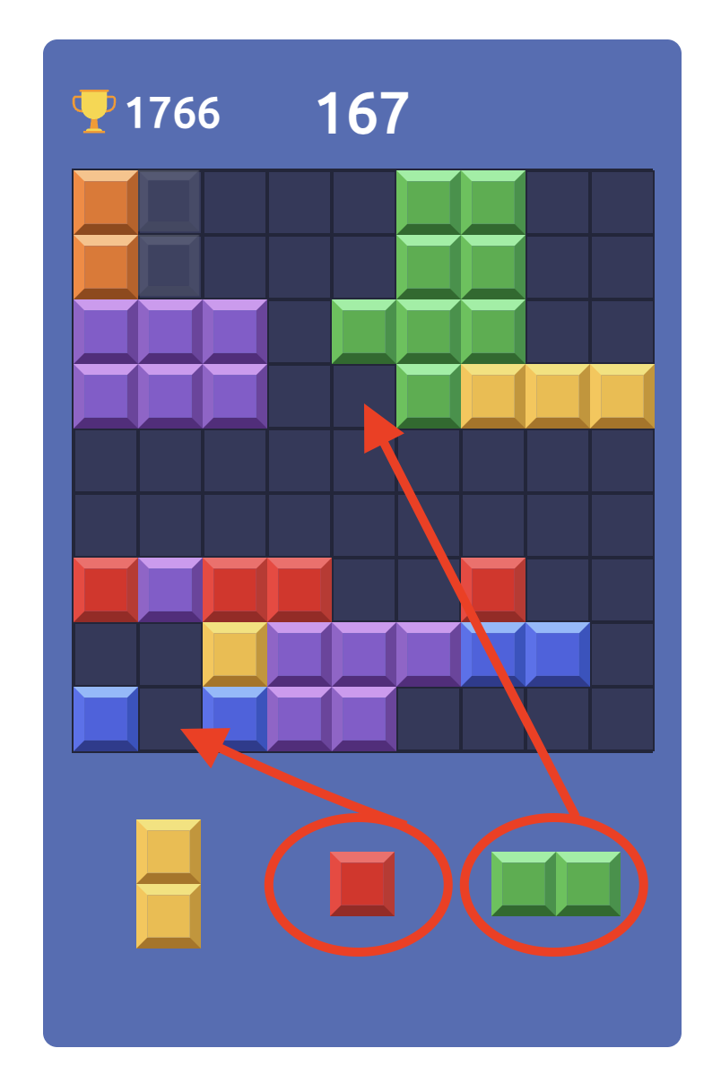Using Small Blocks to Fill Gaps in Block Blast Block Blast gameplay showing how to use small block shapes to fill gaps on the puzzle grid.