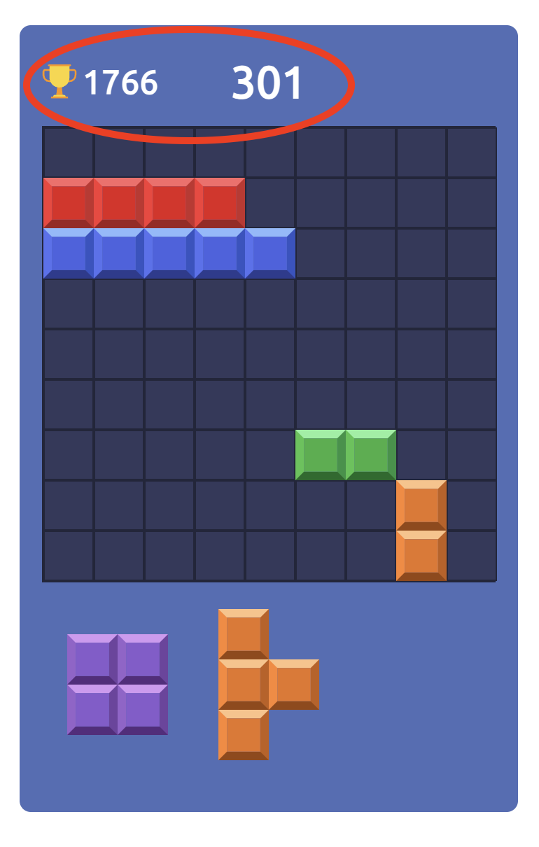 Block Blast Current Score and High Score Block Blast gameplay showing a current score of 301 and a high score of 1766 highlighted above the puzzle grid.