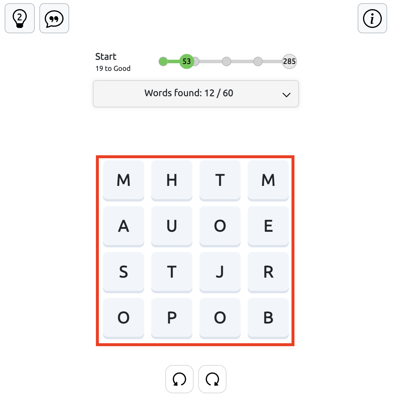 Squares Word Puzzle Starting Screen Squares word game starting screen with a 4×4 letter grid, a score of zero, and a progress tracker showing 60 words to find.