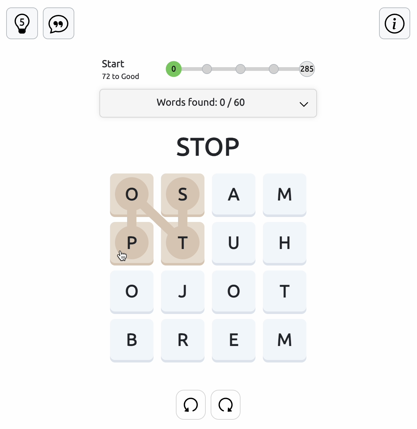 How to Connect Letters to Make Words in Squares Squares word puzzle showing the letters S, T, O, and P connected on the grid to form the four-letter word STOP.