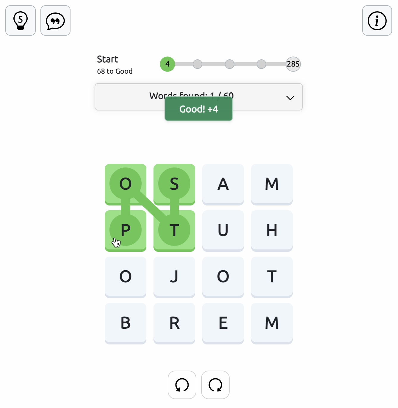 How Points Are Awarded in Squares Squares gameplay showing the word STOP highlighted in green on the letter grid and a Good +4 message confirming four points earned.