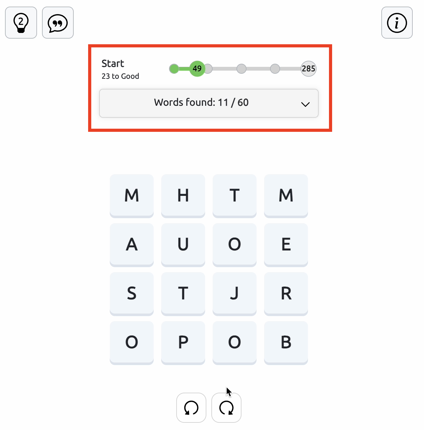 How to Track Your Score in Squares Squares game progress bar showing 49 points earned, 23 points needed to reach Good, and 11 of 60 words found.