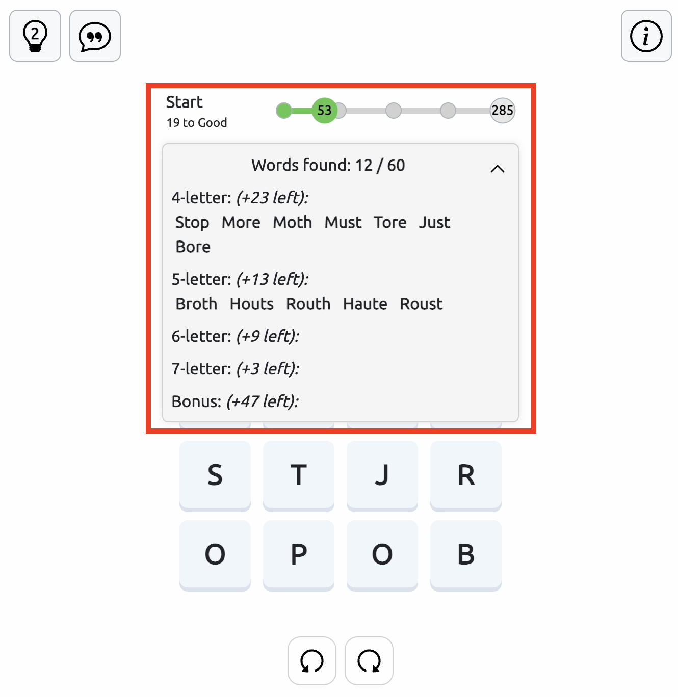 How to View Found Words in Squares Squares word game showing an expanded word list grouped by length, with discovered words and the number of words still remaining.