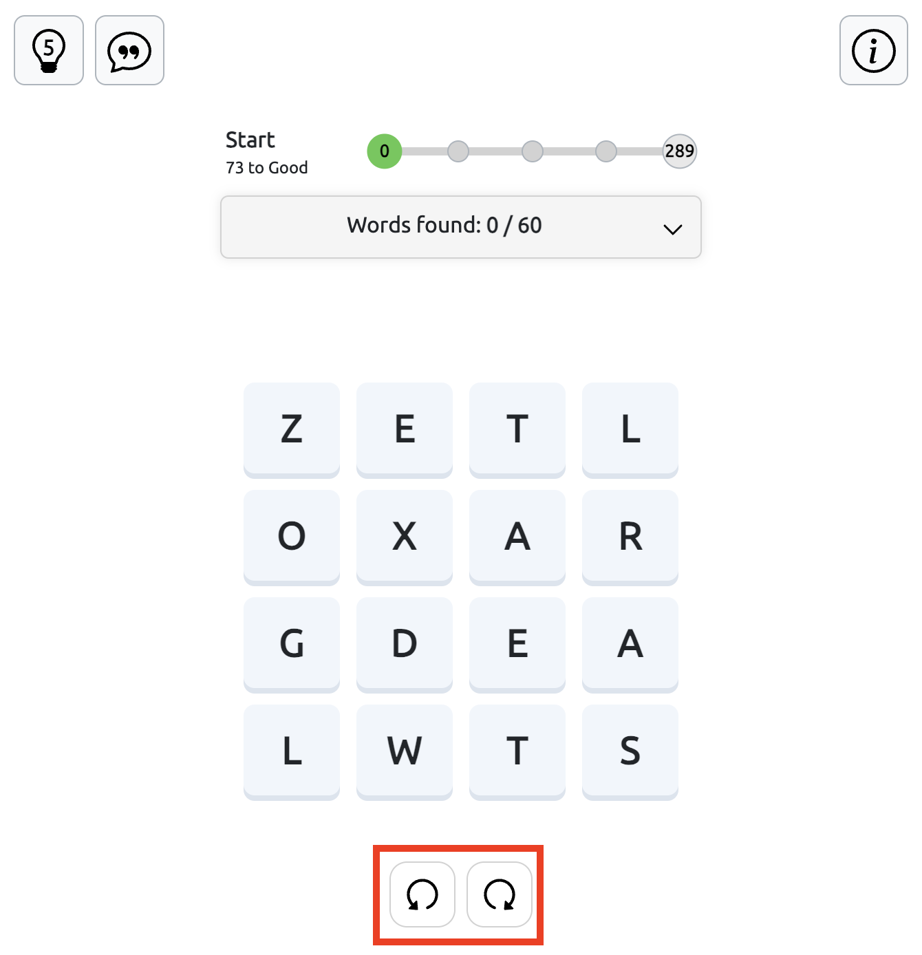 How to Rotate the Letter Grid in Squares Squares word game showing two rotation buttons below the 4×4 letter grid for turning the board left or right.