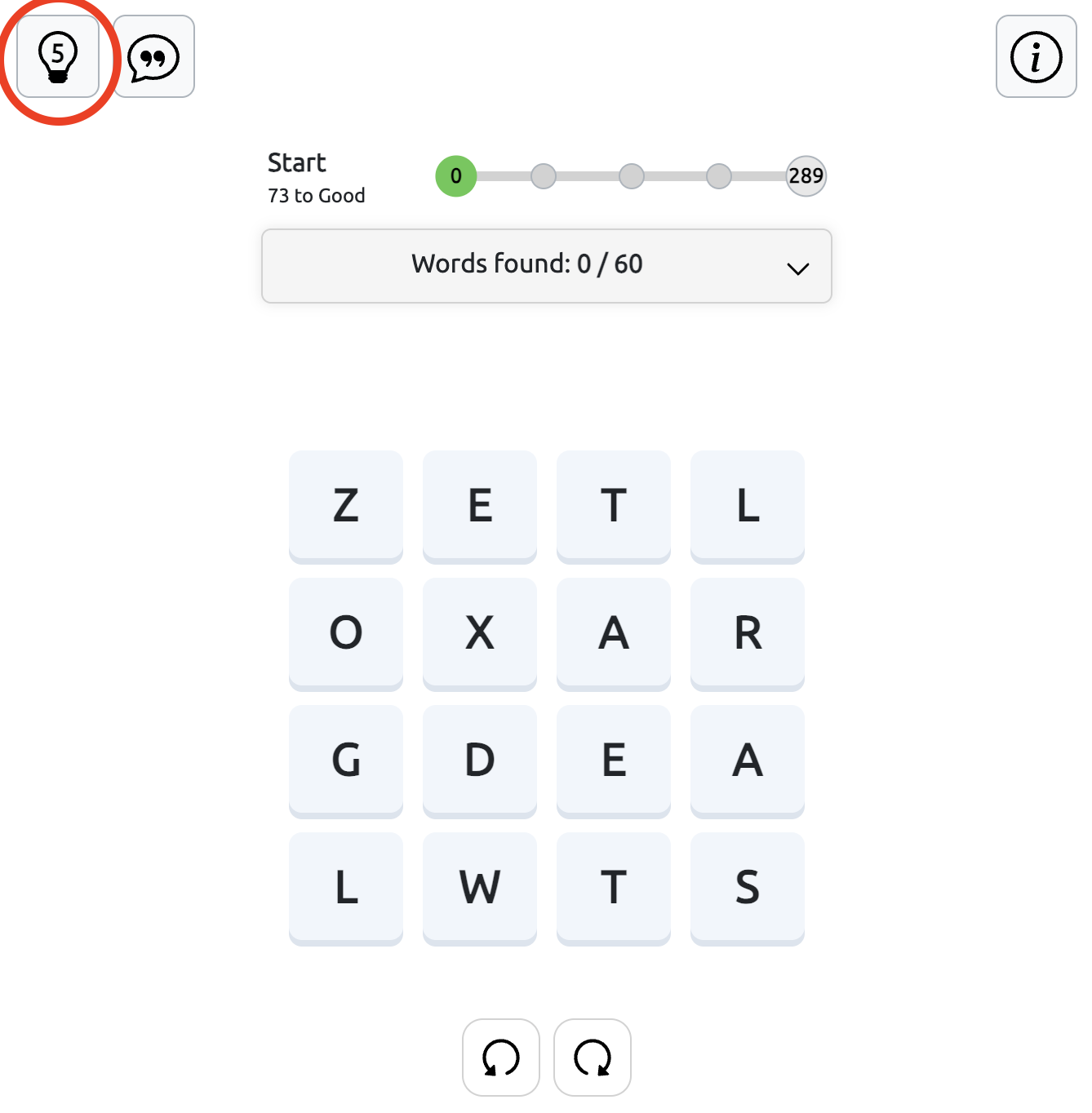 How to Use Hints in Squares Squares gameplay screen with the lightbulb hint button highlighted in the top-left corner and five hints available.