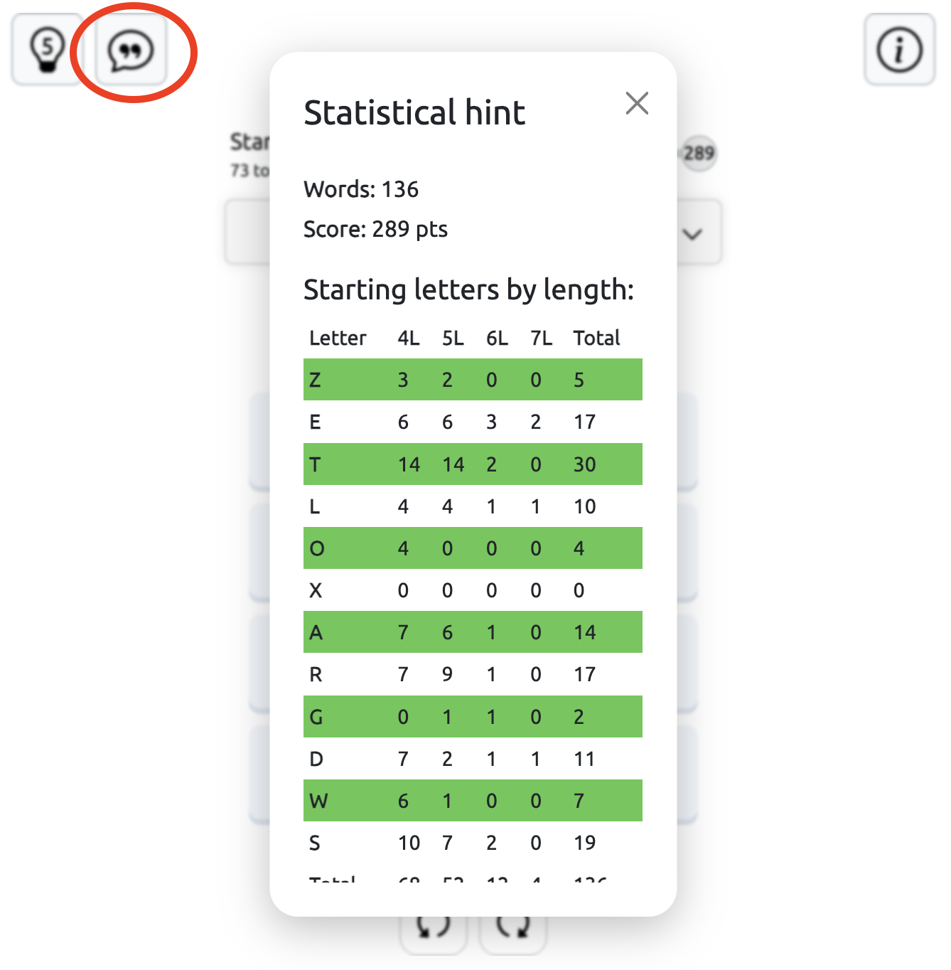 Squares Statistical Hint and Starting Letters Squares word puzzle showing the statistical hint panel with starting letters, word lengths, and the number of possible words.